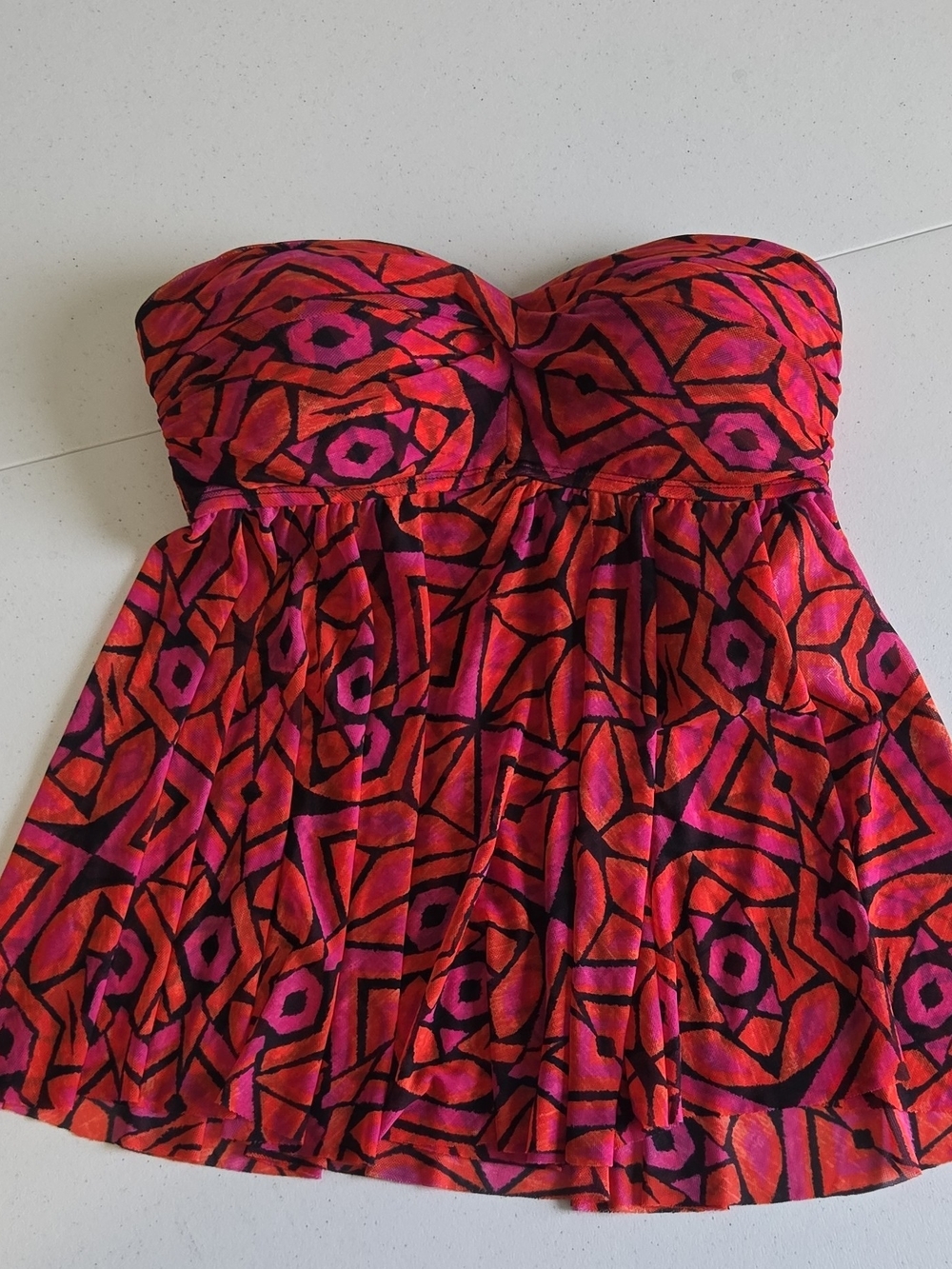 Strapless Bandeau Tankini Top Red Orange Pink Padded Removable Straps M